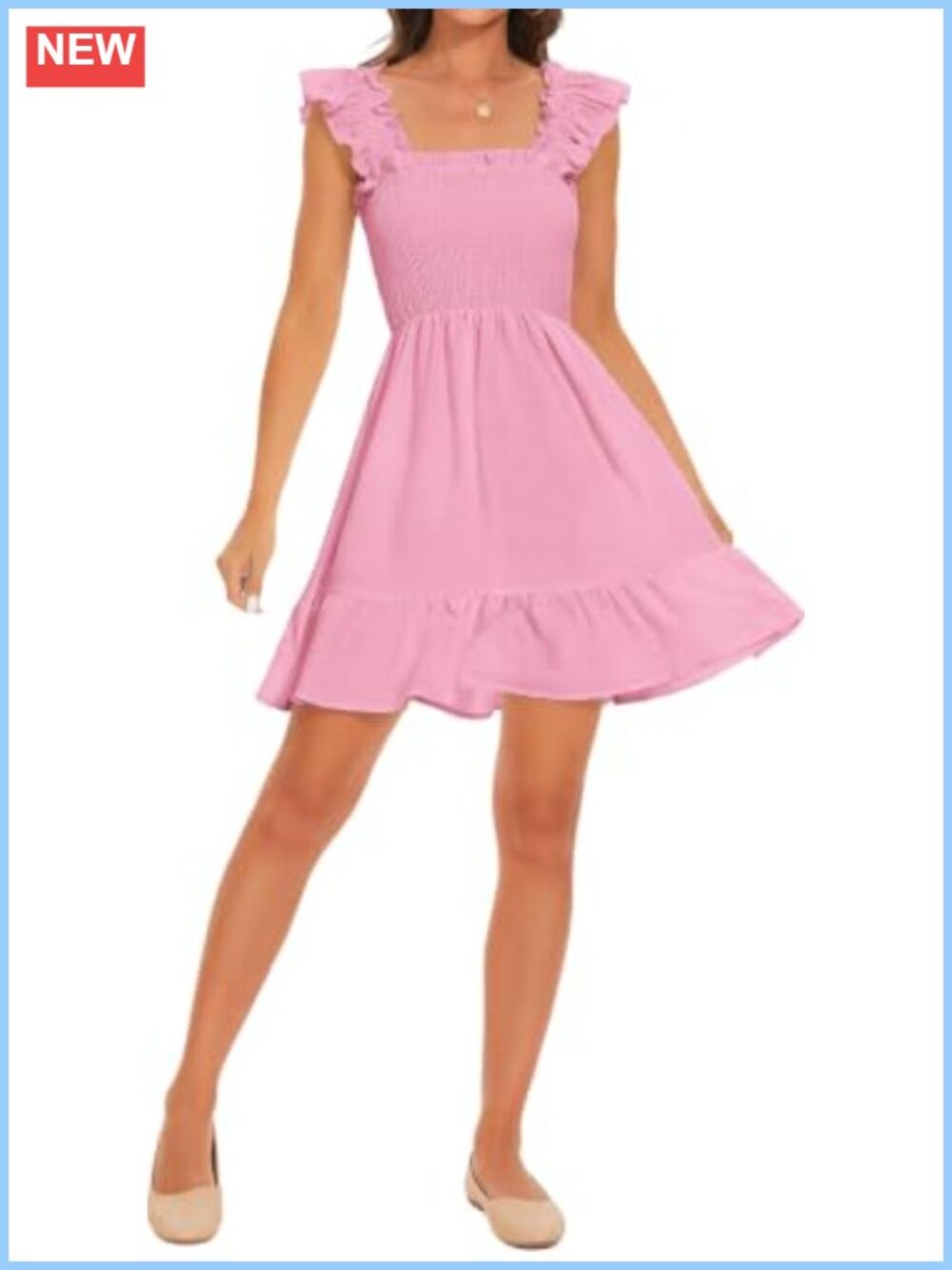 Smocked Square Neck Tiered Ruffle Sleeveless Mini Dress Polyester